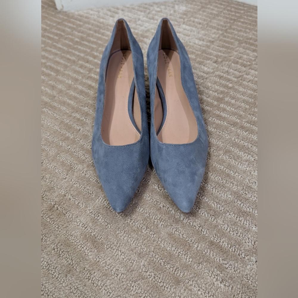 Blue Suede Pointed Toe Block Heel Pumps - Picture 10 of 10